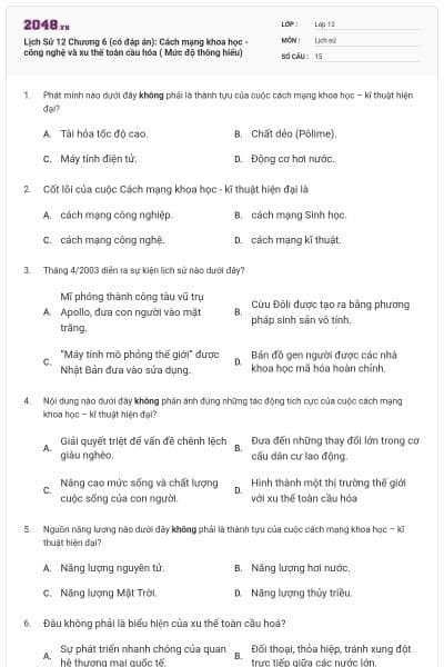 Lịch Sử 12 Chương 6 (có đáp án): Cách mạng khoa học - công nghệ và xu thế toàn cầu hóa ( Mức độ thông hiểu)