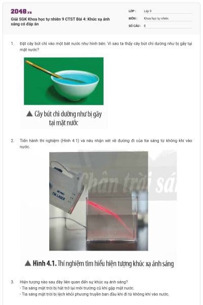 Giải SGK Khoa học tự nhiên 9 CTST Bài 4: Khúc xạ ánh sáng có đáp án
