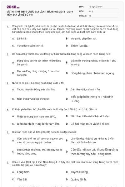 ĐỀ THI THỬ THPT QUỐC GIA LẦN 1 NĂM HỌC 2018 - 2019 MÔN ĐỊA LÍ (ĐẾ SỐ 14)