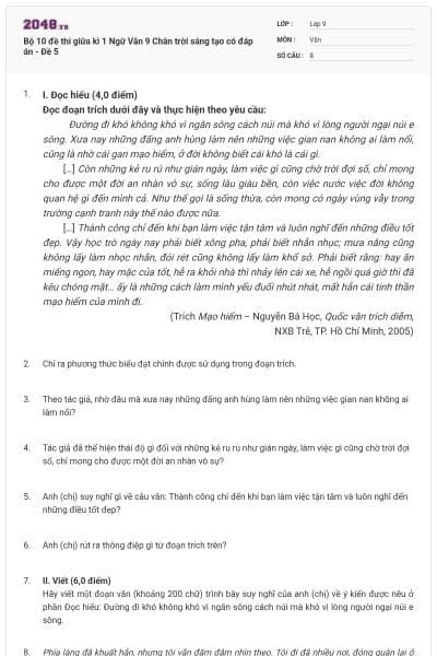 Bộ 10 đề thi giữa kì 1 Ngữ Văn 9 Chân trời sáng tạo có đáp án - Đề 5