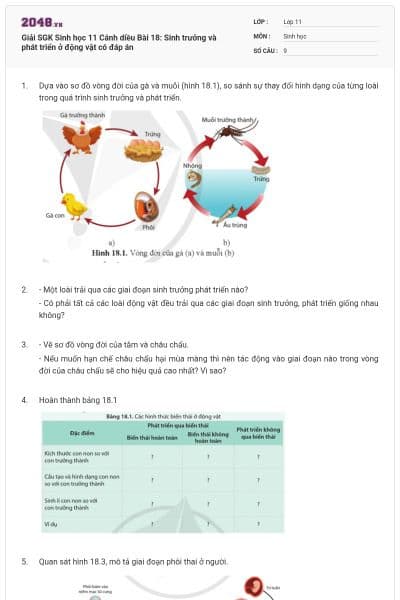 Giải SGK Sinh học 11 Cánh diều Bài 18: Sinh trưởng và phát triển ở động vật có đáp án