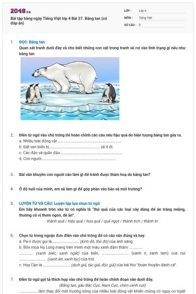 Bài tập hàng ngày Tiếng Việt lớp 4 Bài 27. Băng tan (có đáp án)
