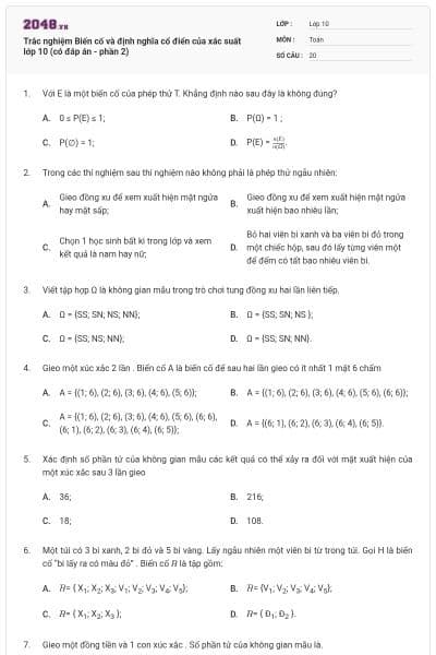 Trắc nghiệm Biến cố và định nghĩa cổ điển của xác suất lớp 10 (có đáp án - phần 2)