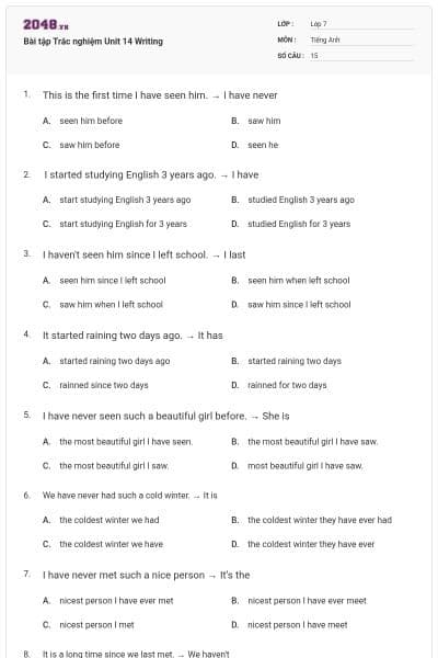 Bài tập Trắc nghiệm Unit 14 Writing