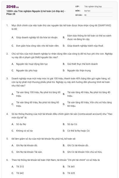 1000+ câu Trắc nghiệm Nguyên lý kế toán (có đáp án) - Phần 28