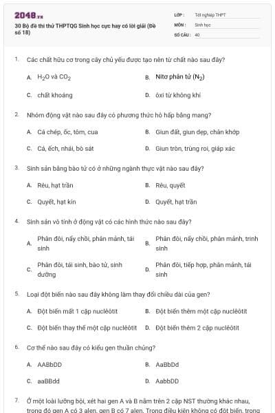 30 Bộ đề thi thử THPTQG Sinh học cực hay có lời giải (Đề số 18)