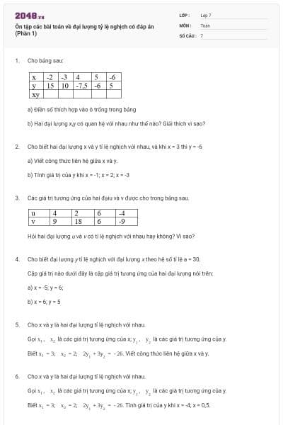 Ôn tập các bài toán về đại lượng tỷ lệ nghịch có đáp án (Phần 1)