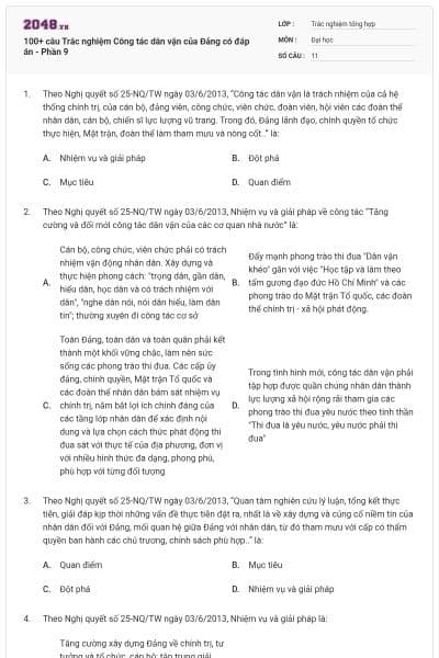100+ câu Trắc nghiệm Công tác dân vận của Đảng có đáp án - Phần 9