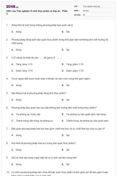 200+ câu Trắc nghiệm Vi sinh thực phẩm có đáp án - Phần 3