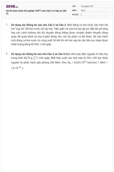 Đề thi tham khảo tốt nghiệp THPT môn Vật lí có đáp án (Đề 6)
