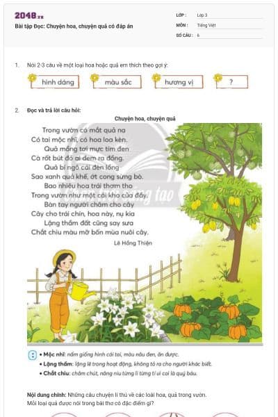 Bài tập Đọc: Chuyện hoa, chuyện quả có đáp án