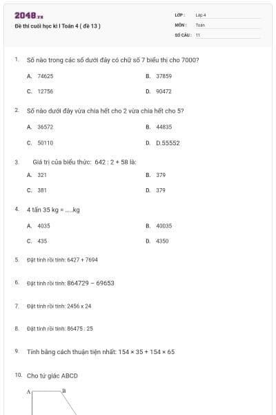 Đề thi cuối học kì I Toán 4 ( đề 13 )