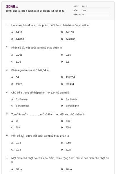 Đề thi giữa kỳ I lớp 5 cực hay có lời giải chi tiết (Đề số 13)