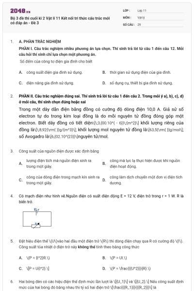 Bộ 3 đề thi cuối kì 2 Vật lí 11 Kết nối tri thức cấu trúc mới có đáp án - Đề 3