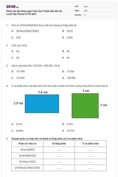 Phiếu bài tập hàng ngày Toán lớp 5 Cánh diều Bài 46. Luyện tập chung (có lời giải)