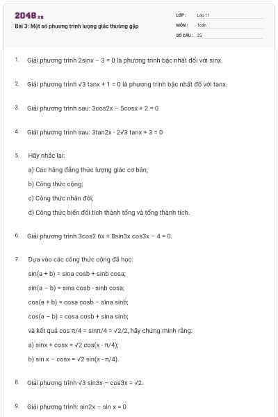 Bài 3: Một số phương trình lượng giác thường gặp