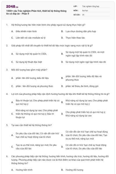 1000+ câu Trắc nghiệm Phân tích, thiết kế hệ thống thông tin có đáp án - Phần 9