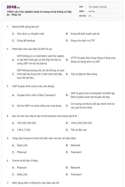 1000+ câu Trắc nghiệm Quản trị mạng và hệ thống có đáp án - Phần 42