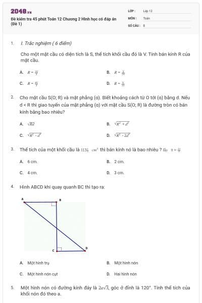 Đề kiểm tra 45 phút Toán 12 Chương 2 Hình học có đáp án (Đề 1)