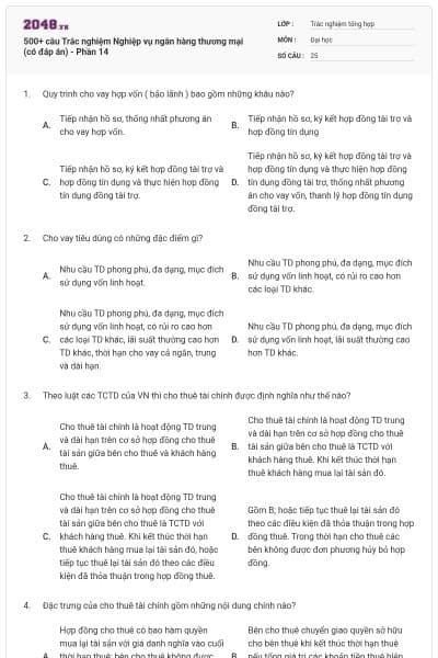 500+ câu Trắc nghiệm Nghiệp vụ ngân hàng thương mại (có đáp án) - Phần 14
