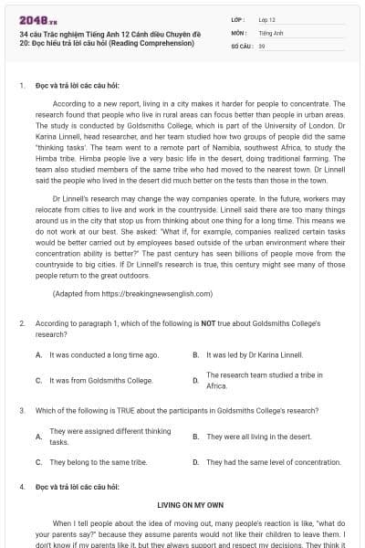 34 câu Trắc nghiệm Tiếng Anh 12 Cánh diều Chuyên đề 20: Đọc hiểu trả lời câu hỏi (Reading Comprehension)