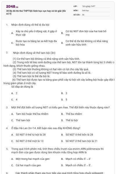 30 Bộ đề thi thử THPTQG Sinh học cực hay có lời giải (Đề số 4)