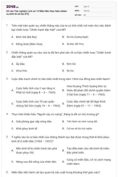 84 câu Trắc nghiệm Lịch sử 12 Miền Bắc thực hiện nhiệm vụ kinh tế-xã hội (P2)