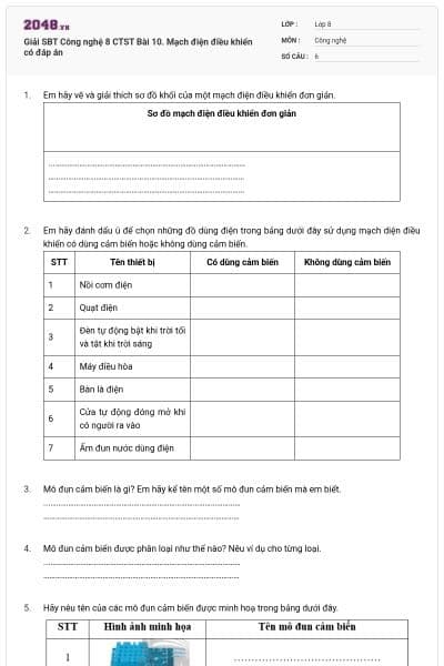 Giải SBT Công nghệ 8 CTST Bài 10. Mạch điện điều khiển có đáp án