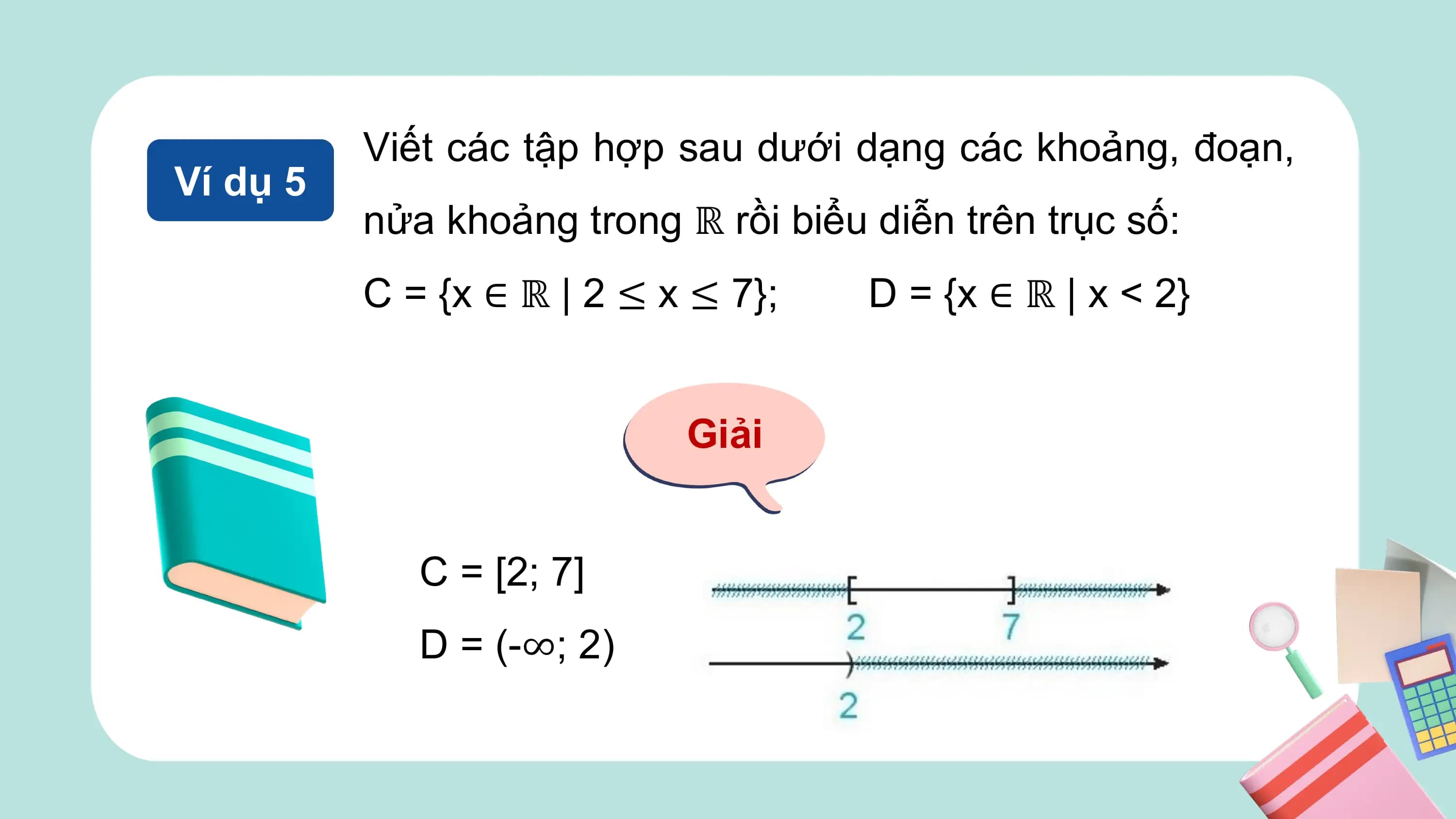 Viết các tập hợp sau dưới dạng các khoảng, đoạn,
Ví dụ 5
 nửa khoảng trong ℝ rồi biểu diễn trên trục số:
 C = {x ∈ ℝ | 2 ≤ x ≤ 7}; D = {x ∈ ℝ | x < 2}

 Giải

 C = [2; 7]
 D = (-∞; 2)