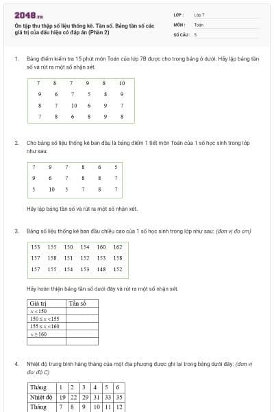 Ôn tập thu thập số liệu thống kê. Tần số. Bảng tần số các giá trị của dấu hiệu có đáp án (Phần 2)