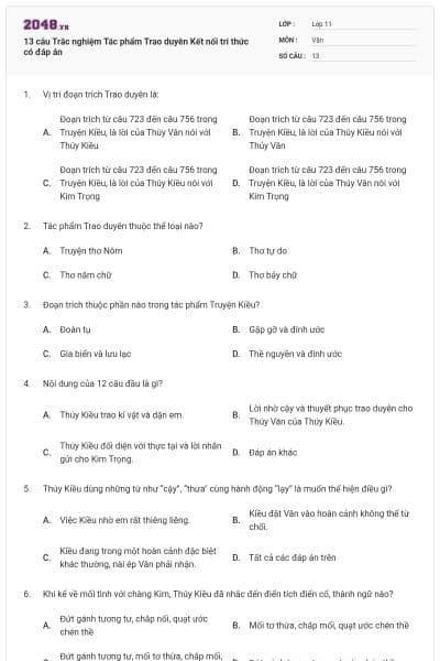 13 câu Trắc nghiệm Tác phẩm Trao duyên Kết nối tri thức có đáp án