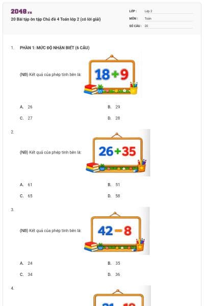 20 Bài tập ôn tập Chủ đề 4 Toán lớp 2 (có lời giải)