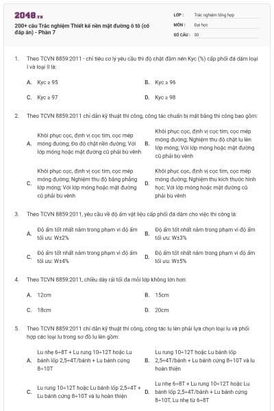 200+ câu Trắc nghiệm Thiết kế nền mặt đường ô tô (có đáp án) - Phần 7
