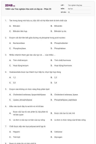 1000+ câu Trắc nghiệm Hóa sinh có đáp án - Phần 35