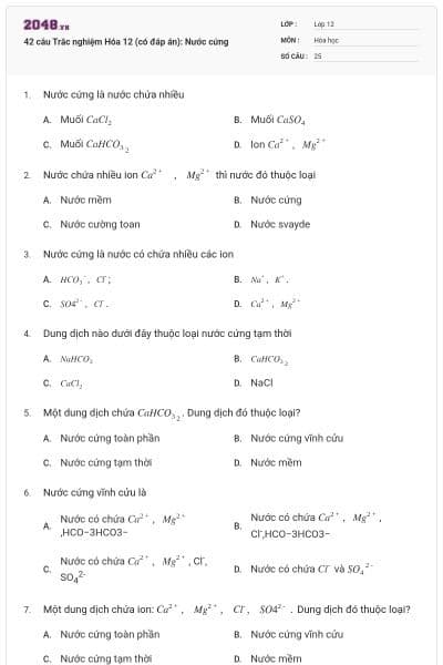 42 câu Trắc nghiệm Hóa 12 (có đáp án): Nước cứng