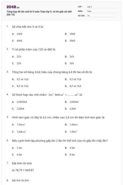 Tổng hợp đề thi cuối kì II môn Toán lớp 5, có lời giải chi tiết (Đề 16)