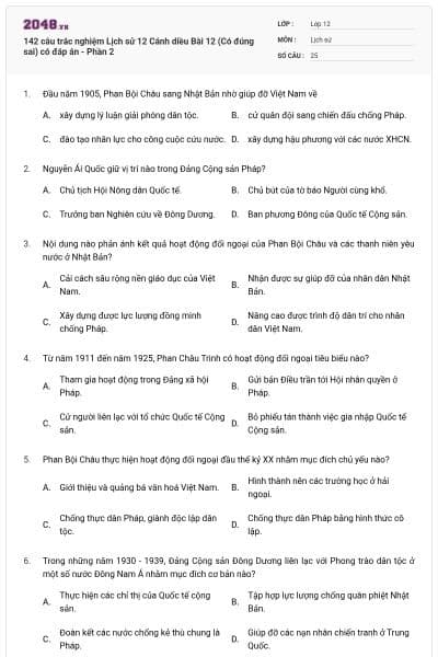 142 câu trắc nghiệm Lịch sử 12 Cánh diều Bài 12 (Có đúng sai) có đáp án - Phần 2