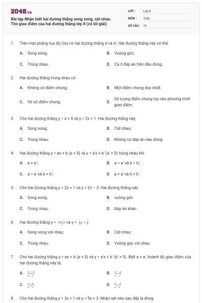 Bài tập Nhận biết hai đường thẳng song song, cắt nhau. Tìm giao điểm của hai đường thẳng lớp 8 (có lời giải)