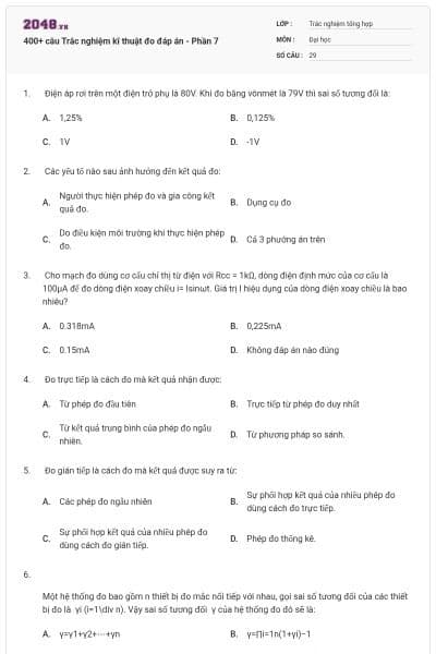 400+ câu Trắc nghiệm kĩ thuật đo đáp án - Phần 7