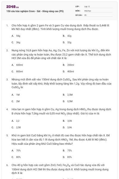 150 câu trắc nghiệm Crom - Sắt - Đồng nâng cao (P5)