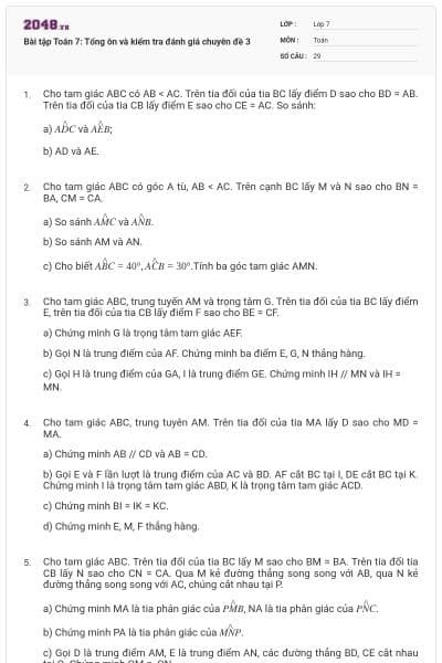 Bài tập Toán 7: Tổng ôn và kiểm tra đánh giá chuyên đề 3
