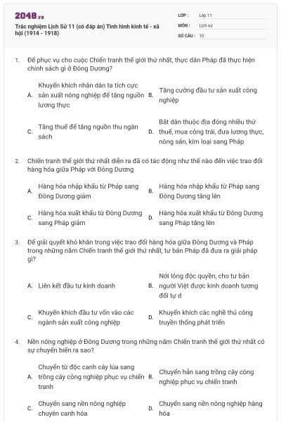 Trắc nghiệm Lịch Sử 11 (có đáp án) Tình hình kinh tế - xã hội (1914 - 1918)