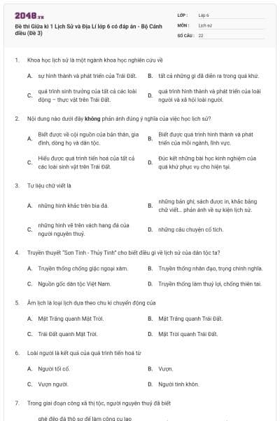 Đề thi Giữa kì 1 Lịch Sử và Địa Lí lớp 6 có đáp án - Bộ Cánh diều (Đề 3)