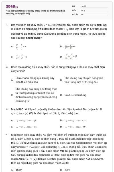 455 Bài tập Dòng điện xoay chiều trong đề thi thử Đại học cực hay, có lời giải (P8)