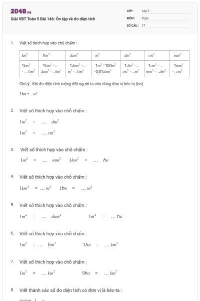 Giải VBT Toán 5 Bài 146: Ôn tập về đo diện tích
