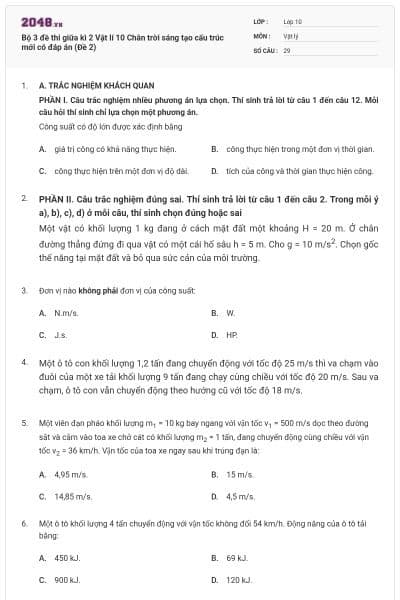 Bộ 3 đề thi giữa kì 2 Vật lí 10 Chân trời sáng tạo cấu trúc mới có đáp án (Đề 2)