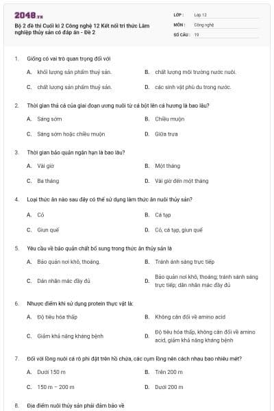 Bộ 2 đề thi Cuối kì 2 Công nghệ 12 Kết nối tri thức Lâm nghiệp thủy sản có đáp án - Đề 2
