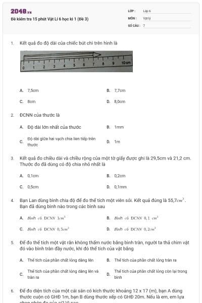 Đề kiểm tra 15 phút Vật Lí 6 học kì 1 (Đề 3)
