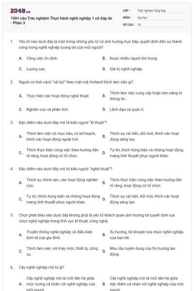 100+ câu Trắc nghiệm Thực hành nghề nghiệp 1 có đáp án - Phần 3