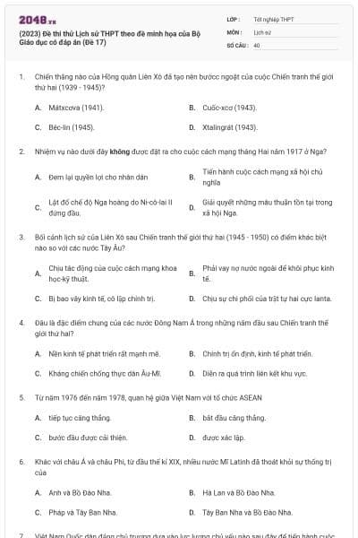 (2023) Đề thi thử Lịch sử THPT theo đề minh họa của Bộ Giáo dục có đáp án (Đề 17)